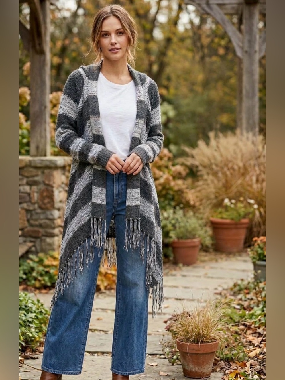 MONTEAU Striped Gray Fringe Cardigan Sweater